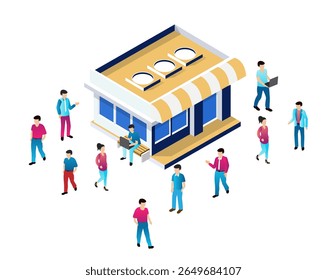 As pessoas estão caminhando e conversando em uma pequena loja com um toldo listrado, nesta ilustração isométrica de negócios