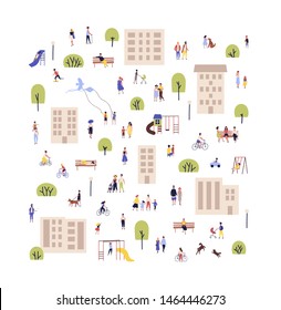 People walking with children or dogs, riding bikes, sitting on bench in city suburbs or outskirts. Cartoon men and women performing outdoor activities on suburban street. Flat vector illustration.