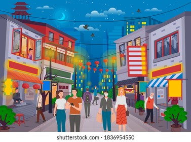 People walking in chinese city in the evening. Walk in the chinese street with showcase trade shops. Buildings with lanterns ornaments on street in China town, fast food restaurants and gift shops