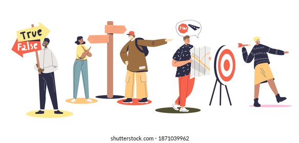 People walking or choosing wrong directions. Wrong decision making concept. Cartoon characters at crosswalks and true or false signs. Flat vector illustration