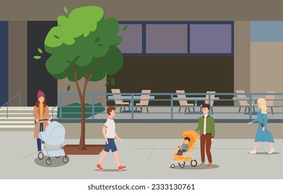 People walking in the city with baby strollers, flat vector illustration. Man and woman pushing carriage with child. Concept of parenthood. Parents walking with infants.