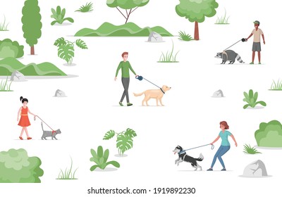 People walking in city park with domestic pets vector flat illustration. Girl, woman, and men holding cat, dog, and racoon on leash. Pet owners spending time outdoor, taking care of domestic pets.