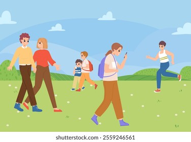 People walking in city park or garden. Couple, young adults, children and teens walk on nature landscape. Little pupils and student with backpack, runner, vector scene