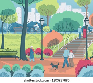 People walking in the city park. Landscape with trees, bushes, benches, lanterns. Vector illustration 