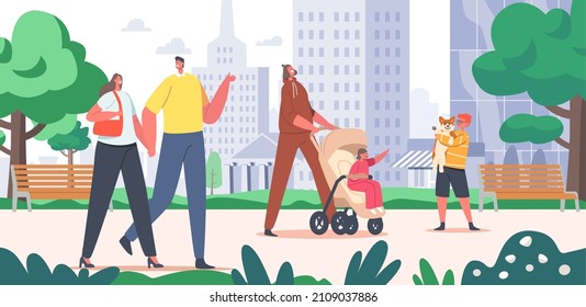 Gente caminando en el Parque de la Ciudad. Pareja cariñosa sosteniendo las manos, madre camina con bebé en patinadora, niño abraza perro gracioso en el paisaje urbano. Paseo de Personajes. Ilustración del vector de dibujos animados