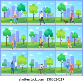 People walking in city park, man and woman going outdoor, family leisure and sporty activity, male and female character near trees and building, set vector
