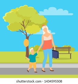 People walking in city park, mother and child at summertime, bench and tree, blue sky. Vector boy with air balloon and woman with briefcase, motherhood