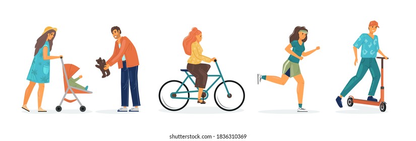 People walking in city park on summer street. Family couple together walking with children, active lifestyle, go in for sports, riding bicycle, scooter, running along street vector