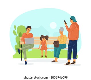 People walking in city park on summer street. Families with children, elderly people relax on a bench in the park, work and communicate using mobile technologies cartoon vector