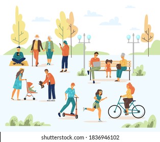 People walking in city park on summer street. Family, couple, elderly people taking picture in nature, walking with children, riding bicycle, scooter, relaxing in city park jogging along street vector