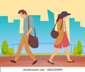 People Walking In A City Park. Sad Tired Young Guy And Thoughtful Girl Going In Summer Alley. Man And Woman Quarreled And Offended. Walk After Work In The Open Air, Active Lifestyle Flat Style