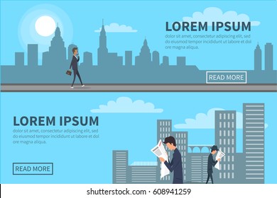 People walking in city with skyscrapers on background. Vector web poster of people going at random in downtown with bag in hand, speaking over phone and reading newspapers. Relaxation after work