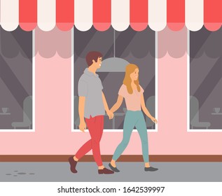 People walking in city vector, man and woman urban style couple walking along street of busy town passing windows of cafe with broad windows and tent