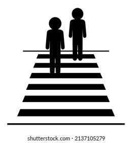 People walking crossing street road on crosswalk for safety black icon flat vector design.