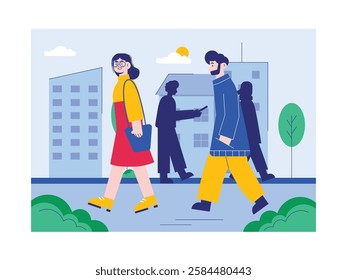 People are walking, daily city life. Design character. Vector flat illustration