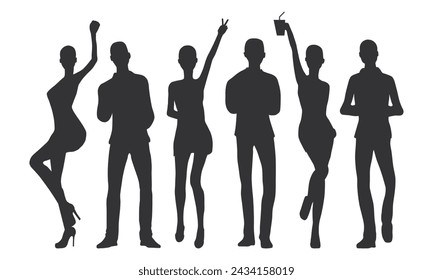 People Walking Dancing and Drinking Silhouettes Vector. Group of People Standing. Having fun. Illustration Design.