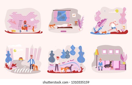 People walking with different breeds of dogs set. Ordinary life of pet owners Isolated on white background. Flat Art Vector illustration