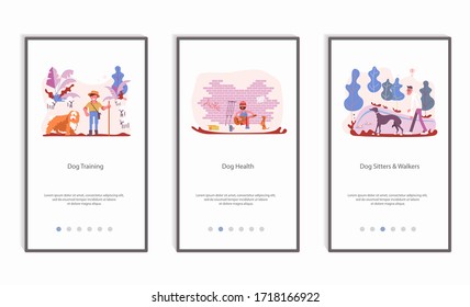 People walking with different breeds of dogs set, mobile app screens set. Ordinary life of pet owners Isolated on white background. Flat Art Vector illustration