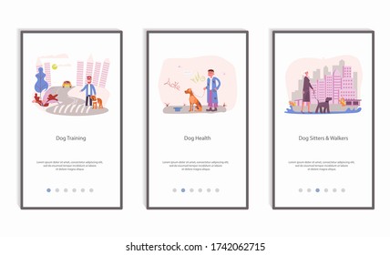 People walking with different breeds of dogs set, mobile app screens set. Ordinary life of pet owners Isolated on white background. Flat Art Vector illustration
