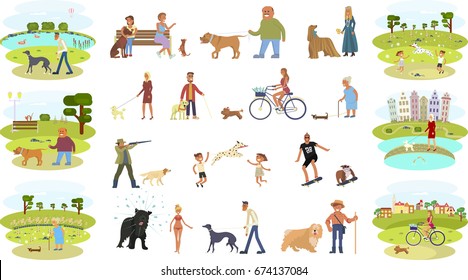 People walking with different breeds of dogs set. Owner with the dog big set. Isolated on white background vector illustration eps 10 