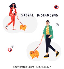 People walking a dog alone keeping social distance. Spitz dog. Cute hand drawn vector illustration. Personal dog walker concept