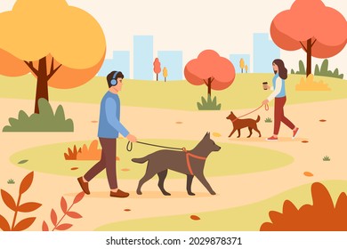 People walking dog in autumn park. Pet care. Autumn nature.Vector illustration in flat style.