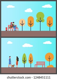 People walking dog, couple working in autumn park vector. Pet on leash man and woman strolling, trees and empty bench. Freelancers sitting with laptop