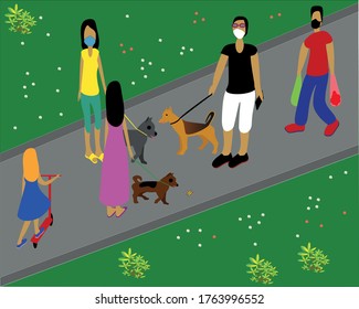 
People walking the dog and girl with scooter