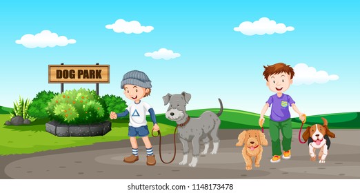 People Walking Dog At The Park Illustration