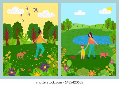 People walking with dog in park, mom and child holding domestic animal, going near lake, woman and pet in forest, green nature, sunny weather vector