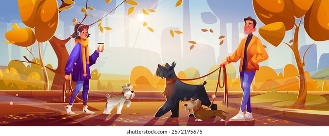 People walking dogs in autumn park - cityscape scenery with falling leaves, golden trees and sunny garden background. Characters during morning stroll with pets. Cute fall season illustration.