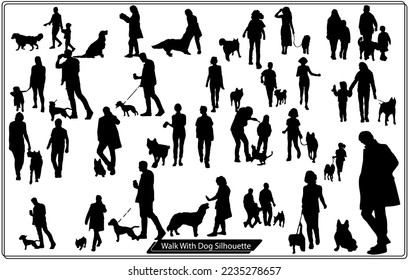 People walking with dogs. Black and white vector illustration.