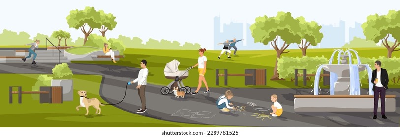 People walking with dogs in City Park. Weekend in the cityscape. Kids drawing and playing outdoor. Public place for relax and recreation with green trees and bushes. Panoramic flat vector illustration