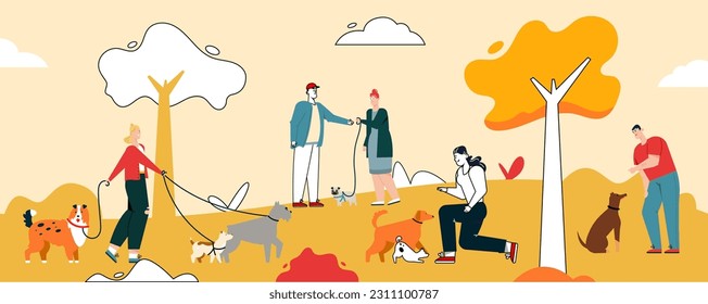 Gente caminando con perros en el parque de la ciudad. Hombres y mujeres entrenan comandos con mascotas, jugando y relajándose con animales domésticos, servicio de canguro. Ilustración de caracteres vectoriales en estilo lineal gráfico