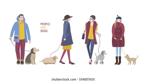 People walking with dogs. Colorful flat illustration.