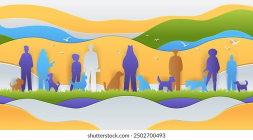 People walking dogs colorful paper cut style silhouettes vibrant landscape background hills sky birds grass