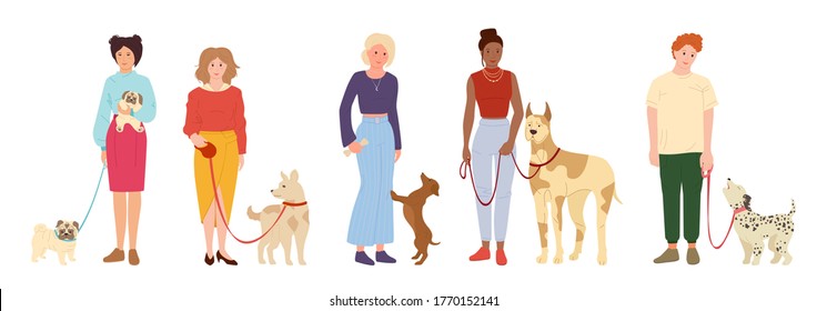 People walking dogs. Cute pet flat cartoon set. Girl or boy playing with dog, outdoor activities. Pug, dachshund or dalmatian. Isolated on white background vector illustration