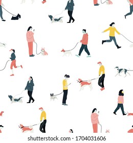 Gente caminando con perros Ilustración vectorial plana Conjunto de patrones sin problemas