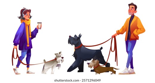 People walking dogs isolated on white. Vector cartoon illustration of young woman with coffee cup and pet on leash, man strolling with animals in city park or street, puppy breeding, family leisure