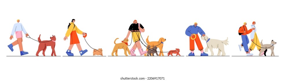 People walking with dogs on leash. Flat young male and female characters smiling, training, playing, hsoending time with pet animals of different breeds. Active lifestyle. Vector illustration set