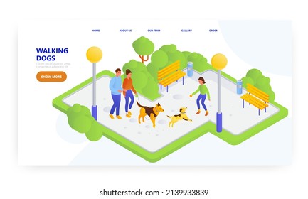 People walking dogs in the park, landing page design, website banner vector template. Outdoor activity.