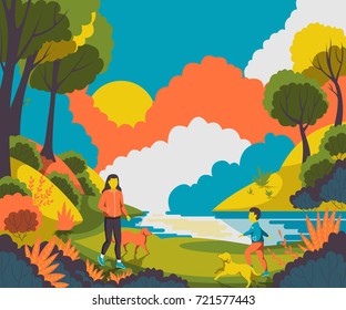 People walking with dogs in the park near pond. Vector illustration