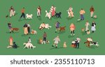 People walking with dogs. Pet owners leading cute puppies on leash. Characters with companion pups. Men, women, friends, couples strolling with doggies, canine animals. Flat vector illustrations set