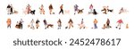 People walking with dogs. Pet owners leading puppies outdoors set. Characters strolling with companion animals, doggies. Men, women and pups. Flat vector illustration isolated on white background