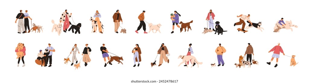 People walking with dogs. Pet owners leading puppies outdoors set. Characters strolling with companion animals, doggies. Men, women and pups. Flat vector illustration isolated on white background