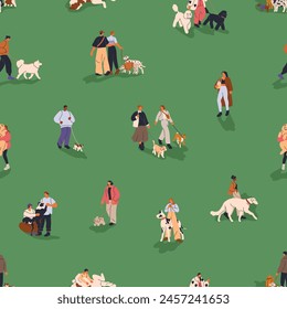 People walking dogs, seamless pattern. Tiny owners strolling with puppies of different canine breeds outdoors, endless background. Repeating print, texture design. Flat vector illustration for fabric