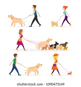 People Walking with Dogs Set, Men and Women