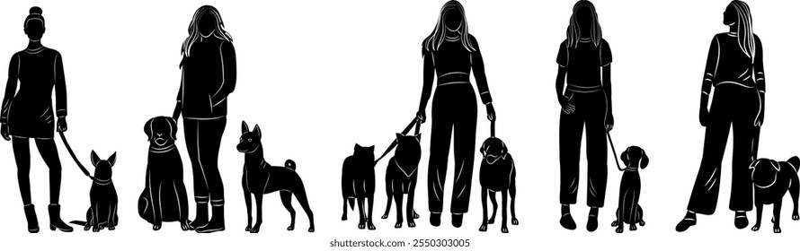 personas caminando perros siluetas, Vector