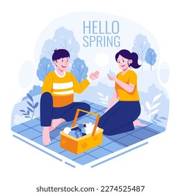 People walking dogs in spring flat illustration