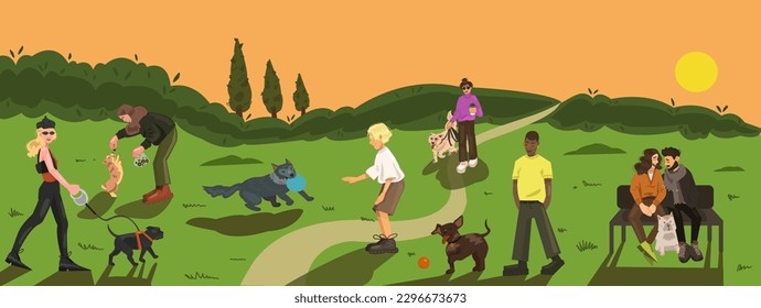People walking with dogs in summer forrest park. Recreation area with beautiful sunset. Beautiful natural green landscape. Relaxed people enjoying recreational outdoor activities. Vector illustration